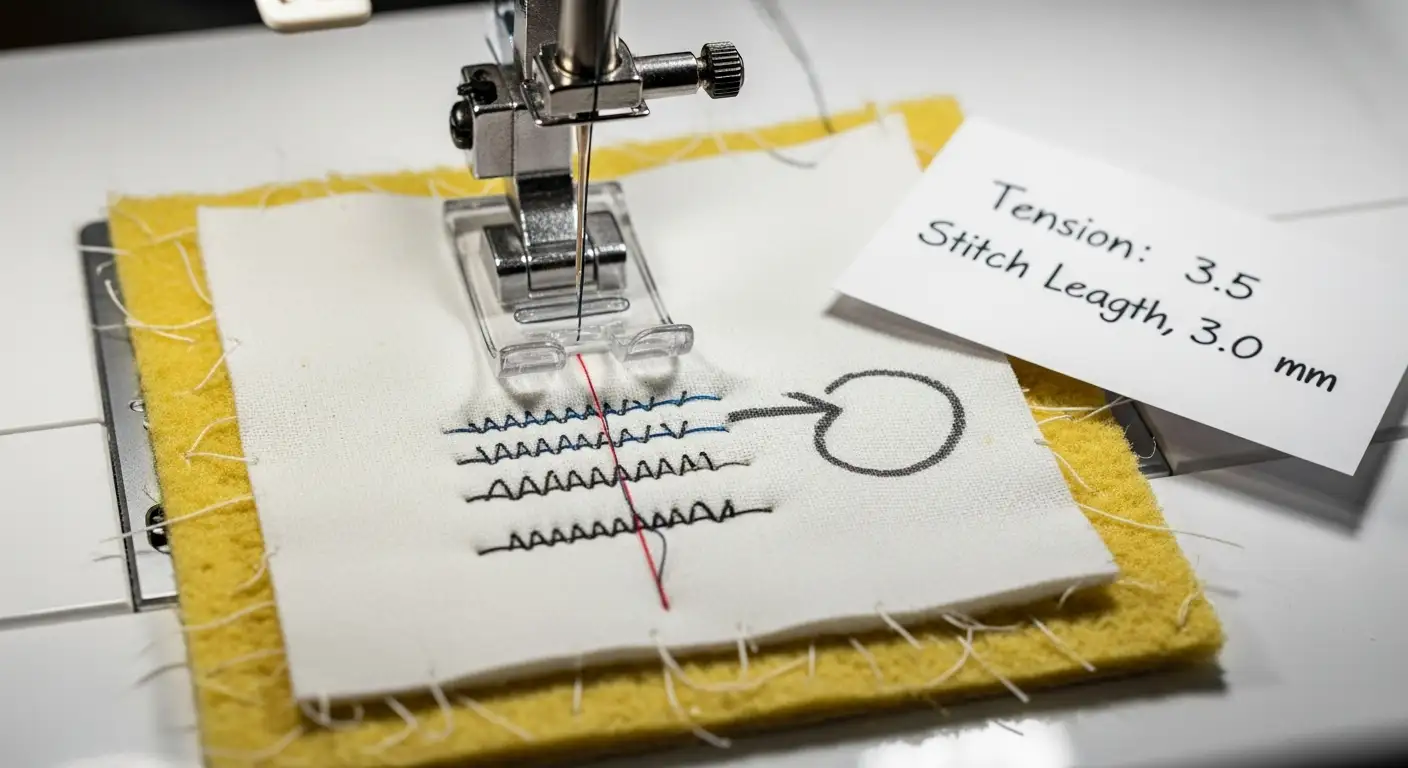 Sándwich de práctica con pruebas de puntadas de acolchado, esencial al aprender cómo acolchar una tela a máquina.