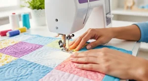 Manos guiando telas de patchwork bajo una máquina de coser, mostrando cómo acolchar una tela a máquina.