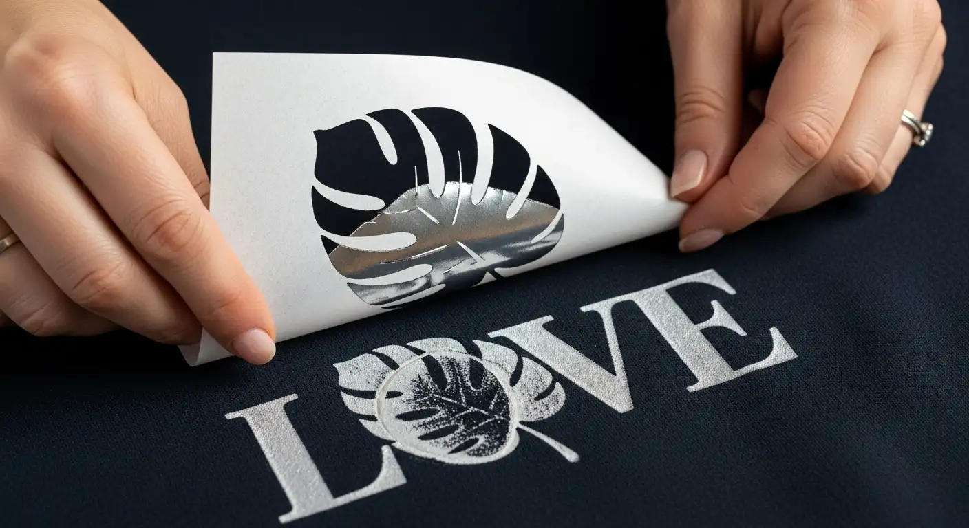 Proceso de estampado textil utilizando la técnica de papel freezer para crear bordes nítidos en un diseño sobre tela oscura.