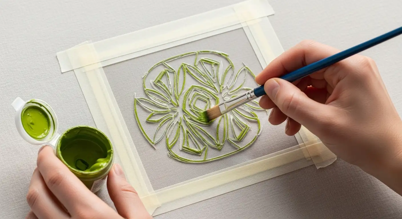 Aplicación de pintura textil sobre una tela utilizando una plantilla o stencil y un pincel de esponja, técnica para cómo estampar tela en casa.