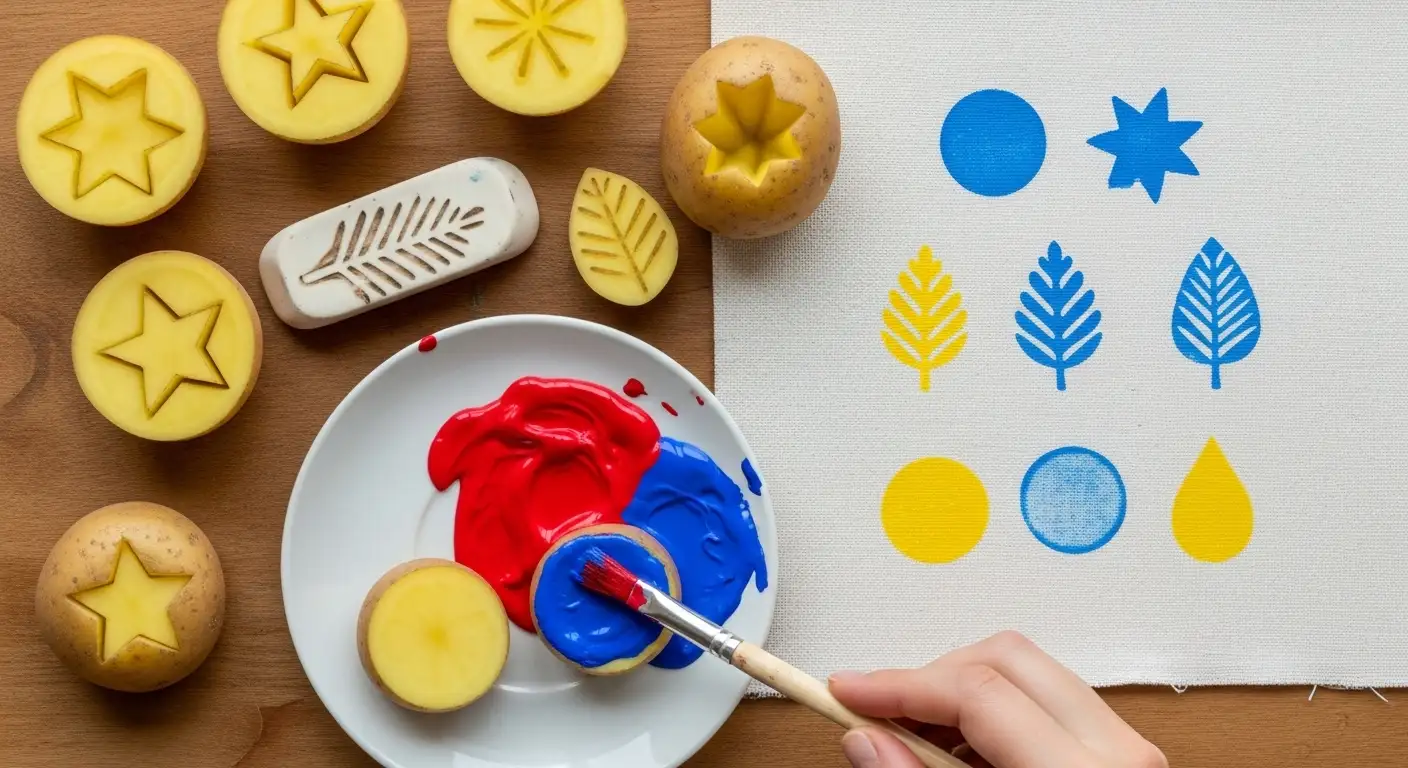 Manos estampando tela con un sello de patata casero y pintura textil colorida, mostrando una técnica fácil para personalizar.