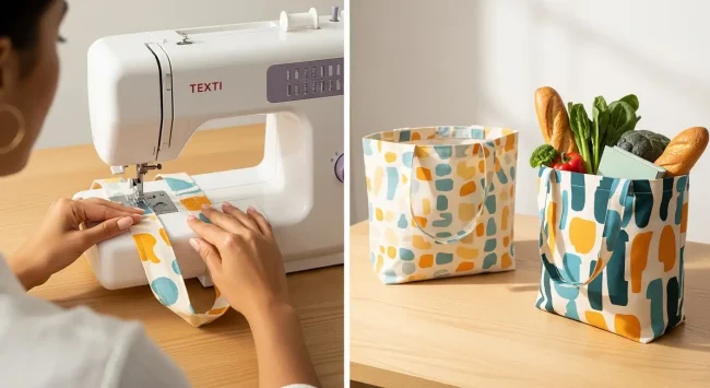 Proceso de cómo hacer bolsas de tela: manos cosiendo un asa en una máquina, con bolsas terminadas al lado.