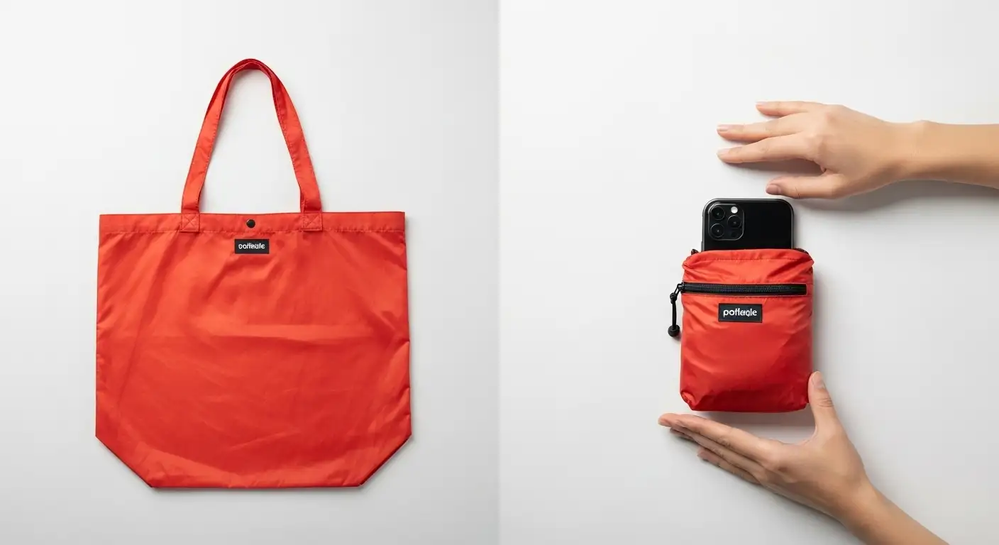 Bolsa de tela reutilizable mostrada desplegada y plegada de forma compacta dentro de su funda, diseño ingenioso de cómo hacer bolsas de tela.