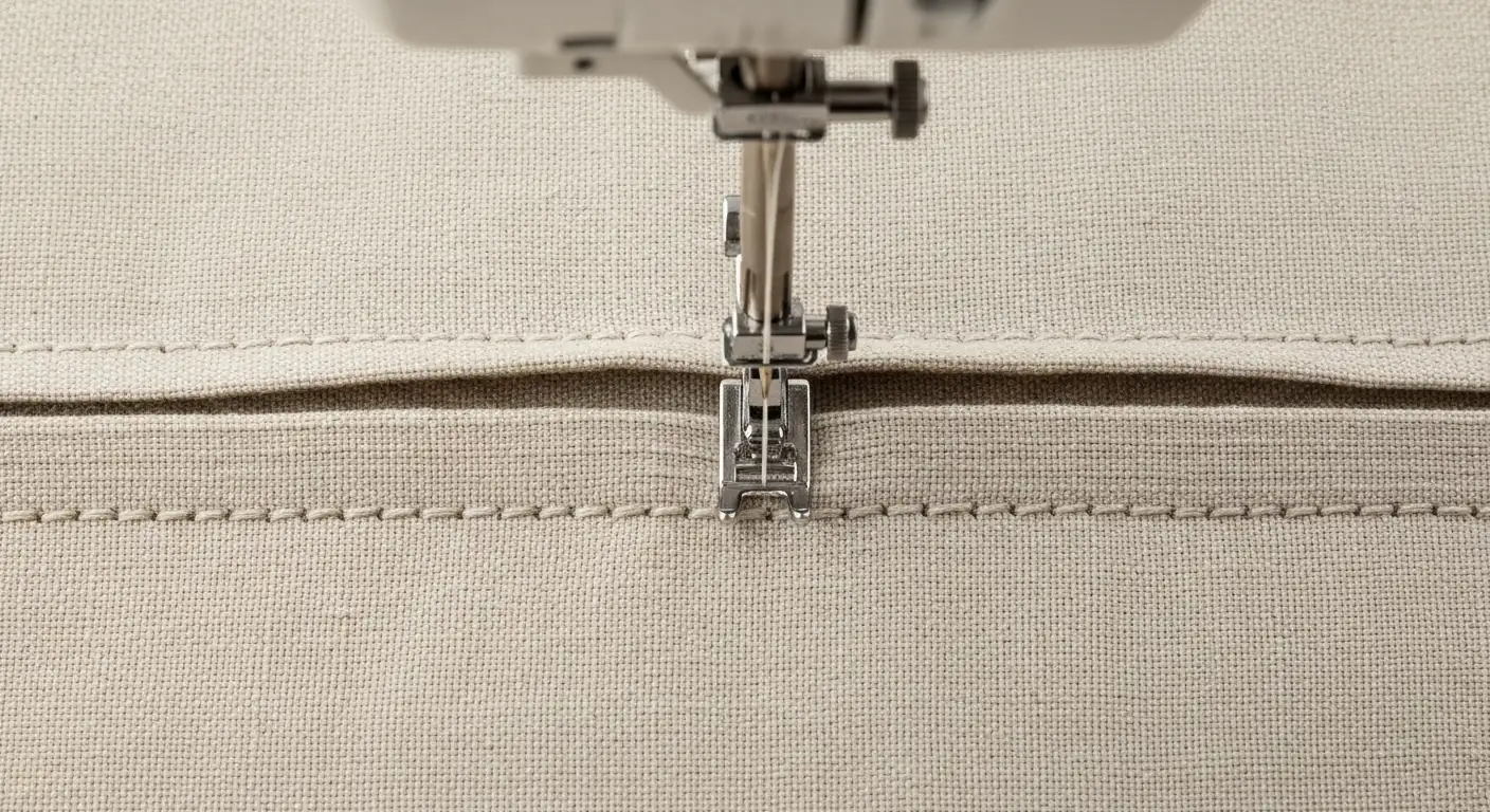 Máquina de coser creando el bolsillo o jareta superior en una cortina para pasar el tubo o barra.