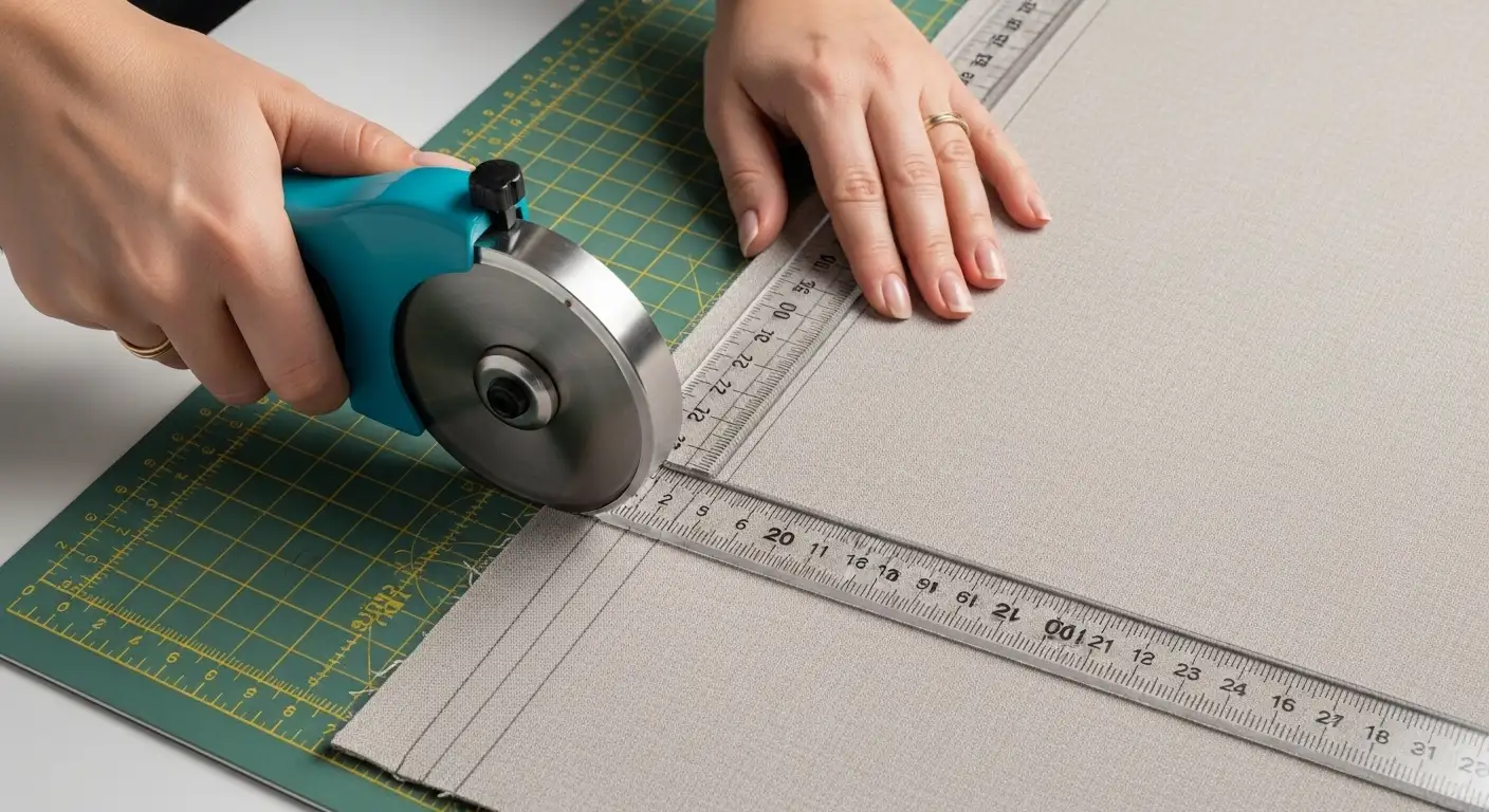 Manos cortando tela para cortinas con cúter rotatorio y regla sobre una base de corte, mostrando precisión en el proceso.