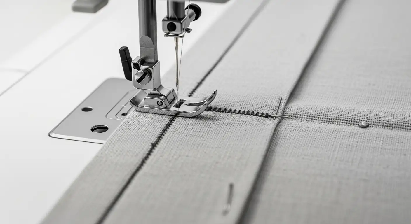 Máquina de coser realizando el pespunte de un dobladillo lateral doble en una tela de cortina.