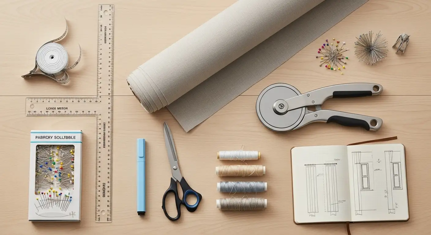 Materiales y herramientas esenciales para hacer cortinas para tubo: tela, cinta métrica, tijeras, hilos y regla.