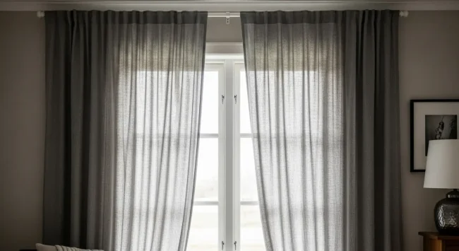 Cortinas sencillas y elegantes hechas en casa, colgadas de un tubo o barra, ilustrando cómo hacer cortinas para tubo.