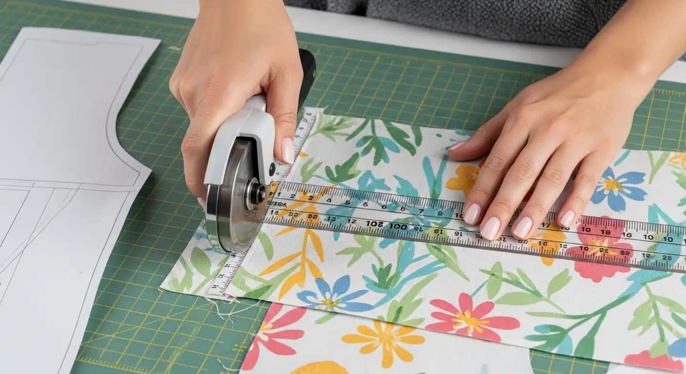 Manos cortando con precisión las piezas de tela para un delantal de cocina reversible usando cúter rotatorio y regla.