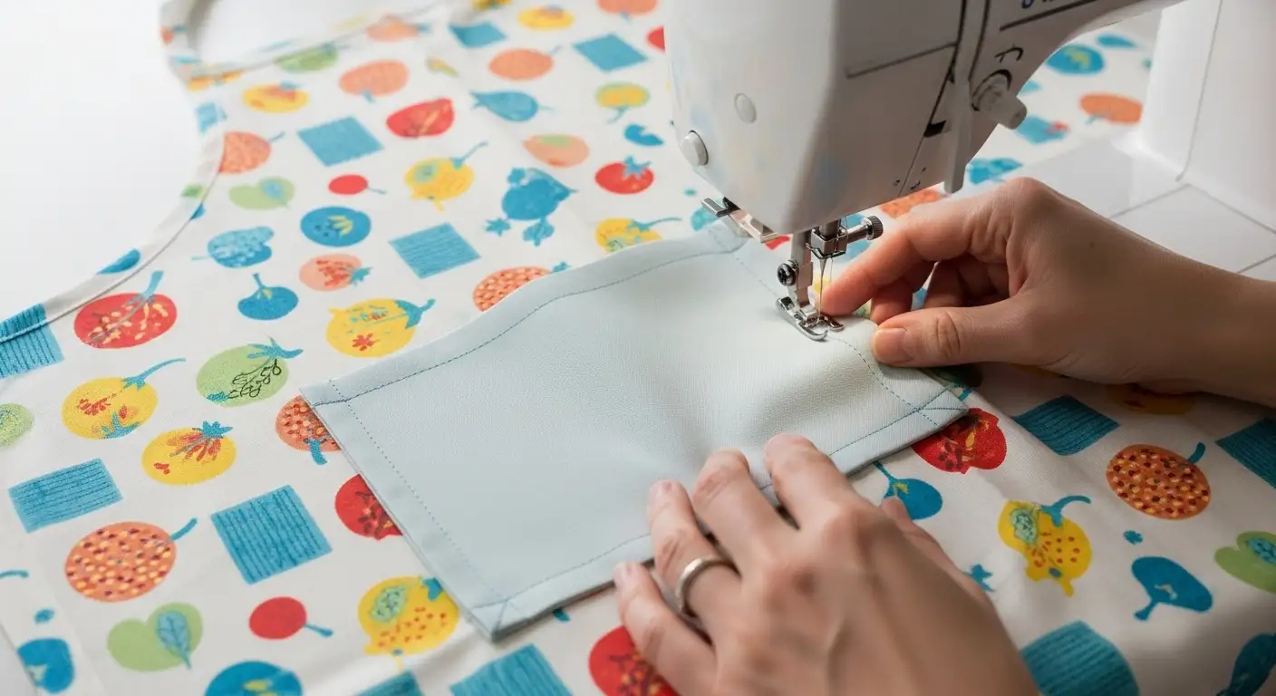 Proceso de costura de un bolsillo de parche sobre una de las caras del cuerpo del delantal de cocina reversible.