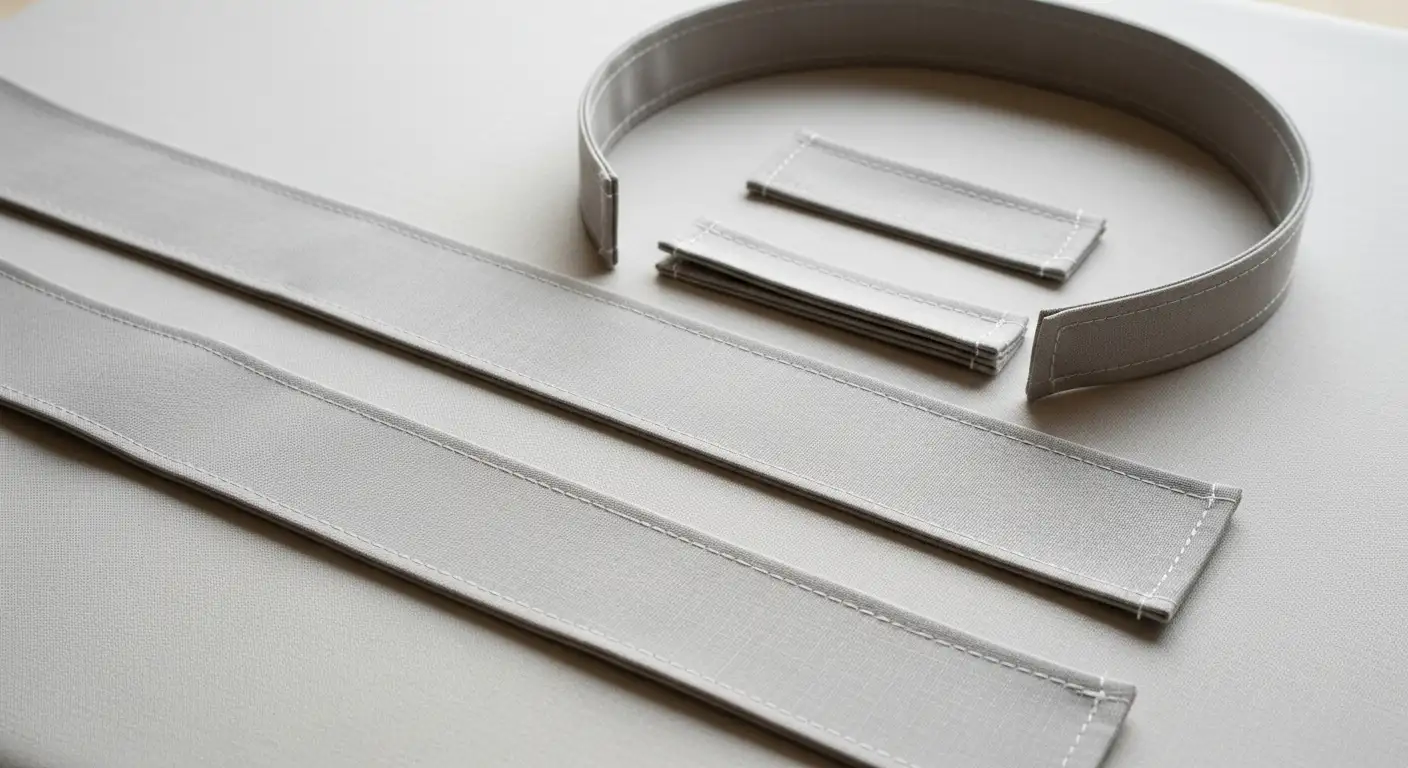 Tiras para el cuello y la cintura de un delantal de cocina, cosidas y pespunteadas, listas para ensamblar.