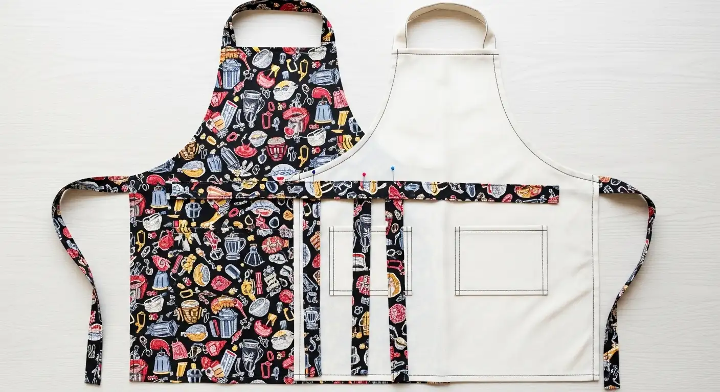 Ensamblaje de las dos caras de un delantal reversible, con las tiras del cuello y cintura sujetas con alfileres en el interior.