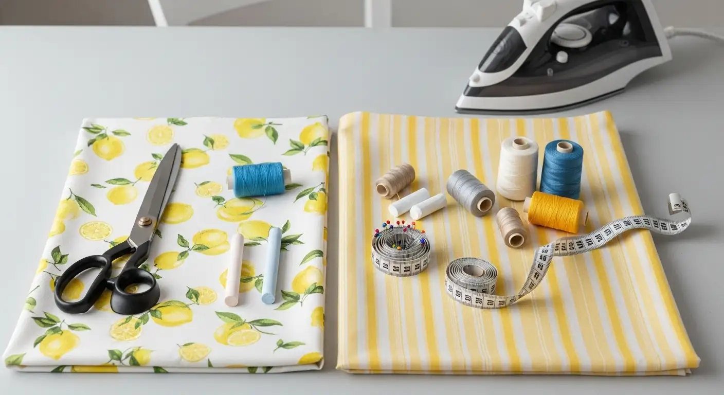 Materiales para hacer un delantal de cocina reversible: dos telas coordinadas, hilo, tijeras, cinta métrica y plancha.