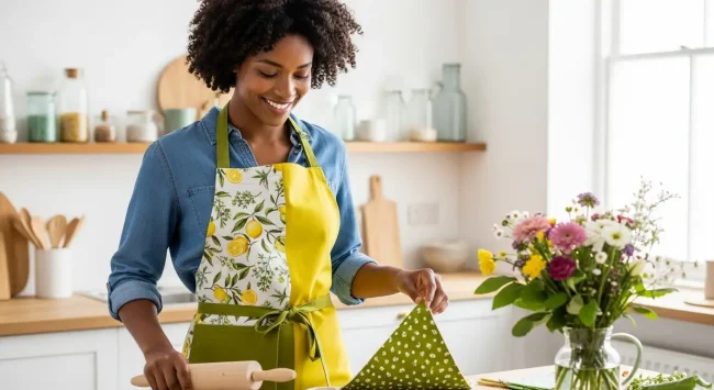 Persona luciendo un delantal de cocina reversible hecho a mano con telas estampadas y de color sólido, mostrando un proyecto DIY con estilo realizado con la guía de Textti de Cómo Hacer un Delantal de Cocina Reversible.