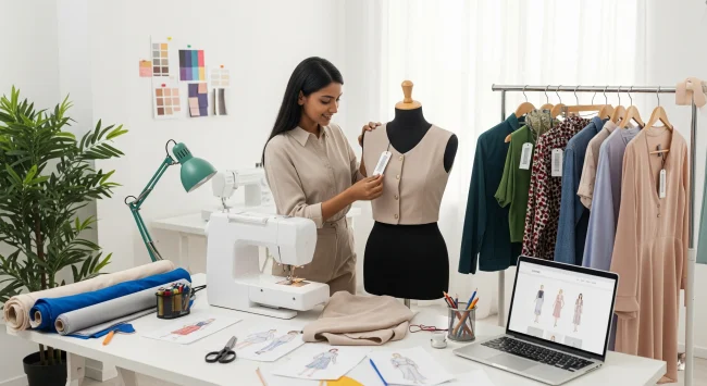 Emprendedor textil trabajando en su taller casero rodeado de telas, bocetos y una prenda en un maniquí, simbolizando cómo iniciar un negocio de ropa.