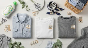 Prendas de diferentes tipos de tela (algodón, lino, seda) dobladas junto a símbolos de cuidado, ilustrando cómo lavar cada tipo de tela.