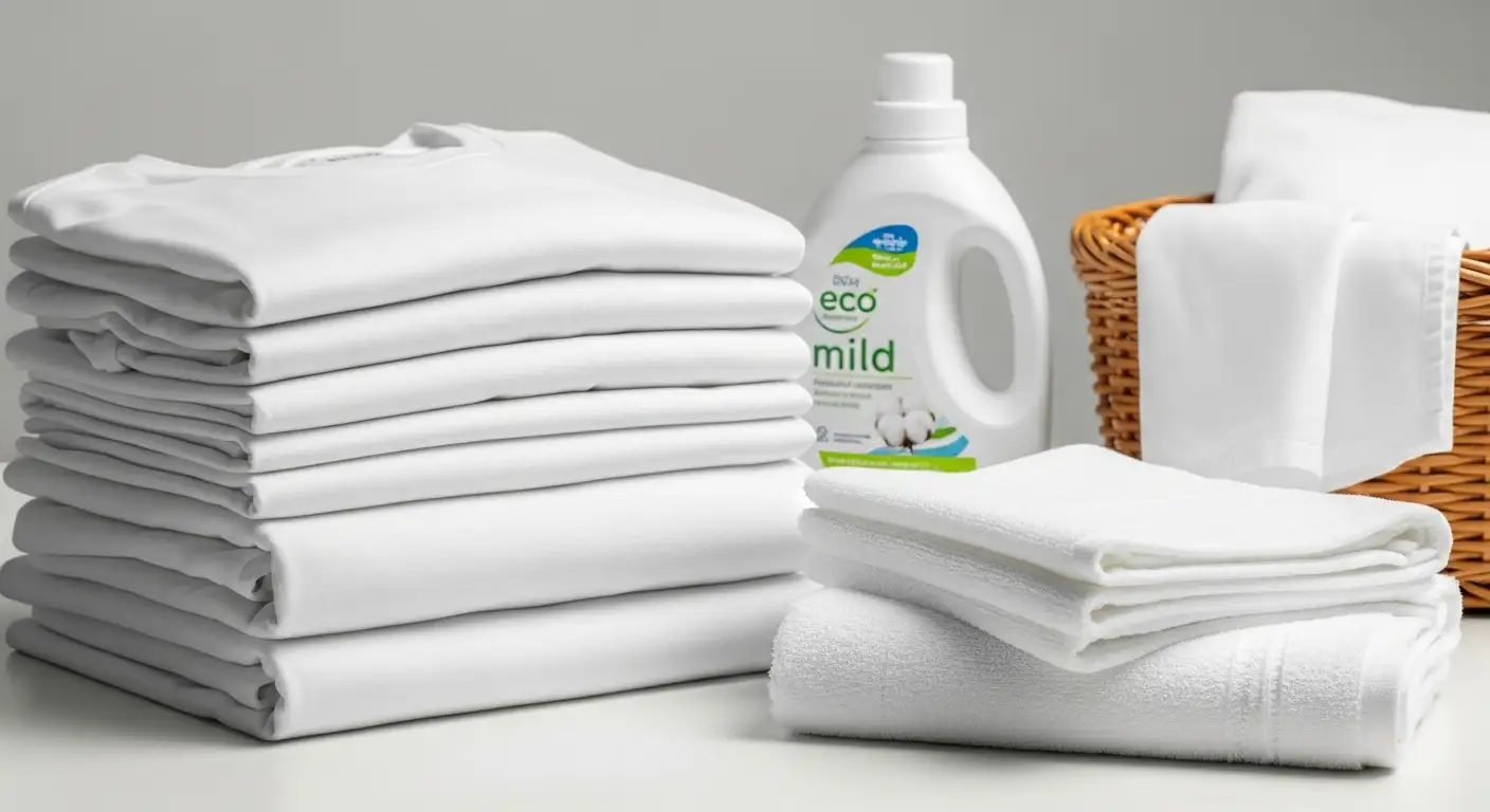 Pila de ropa de algodón blanca recién lavada y doblada, mostrando el resultado de un cuidado adecuado.