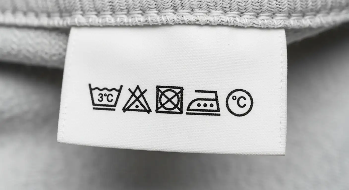 Etiqueta de cuidado de ropa mostrando símbolos internacionales de lavado, secado y planchado.