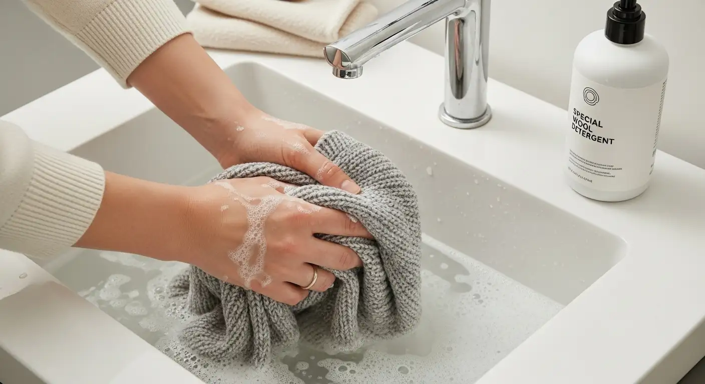 Manos lavando cuidadosamente a mano un suéter de lana en agua fría con detergente especial.