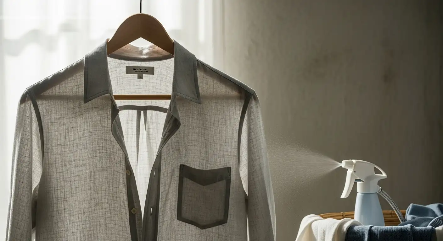 Camisa de lino de color claro planchada y colgada, ejemplo del cuidado adecuado para esta fibra natural.