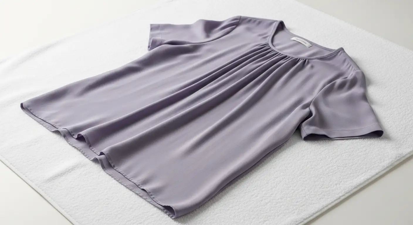 Blusa de rayón o lyocell secándose en horizontal sobre una toalla, método de cuidado para fibras delicadas.