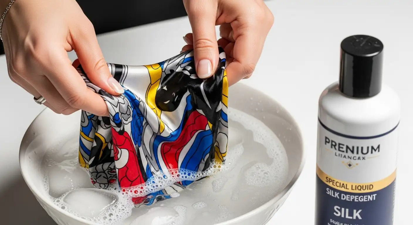 Pañuelo de seda siendo lavado a mano con sumo cuidado en un cuenco con agua fría y jabón especial.