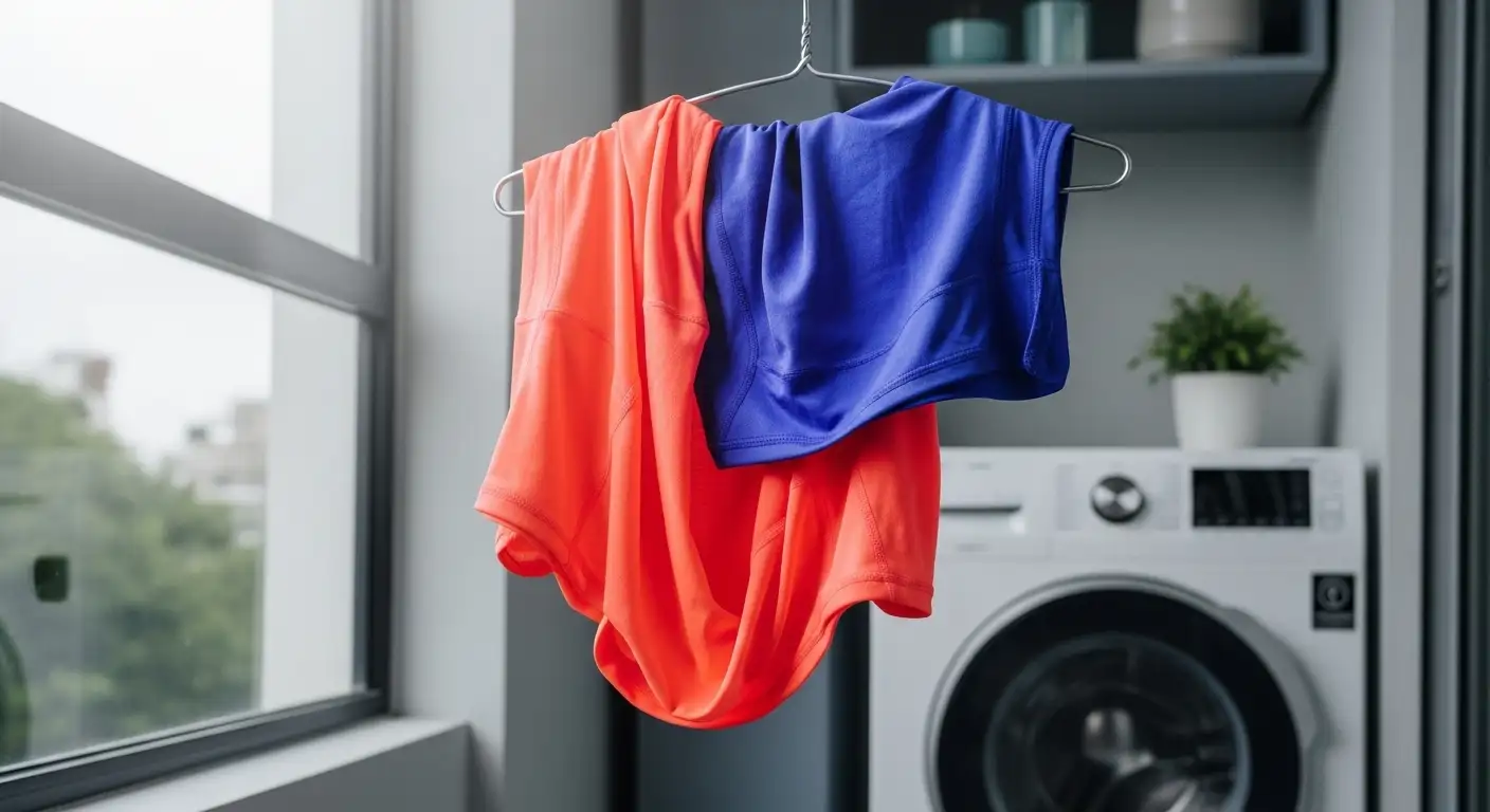 Prenda deportiva de poliéster secándose al aire, mostrando la facilidad de cuidado de las telas sintéticas.