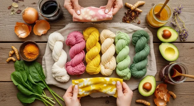 Proceso de teñido de telas en casa con tintes naturales, mostrando telas coloridas e ingredientes como plantas y especias.