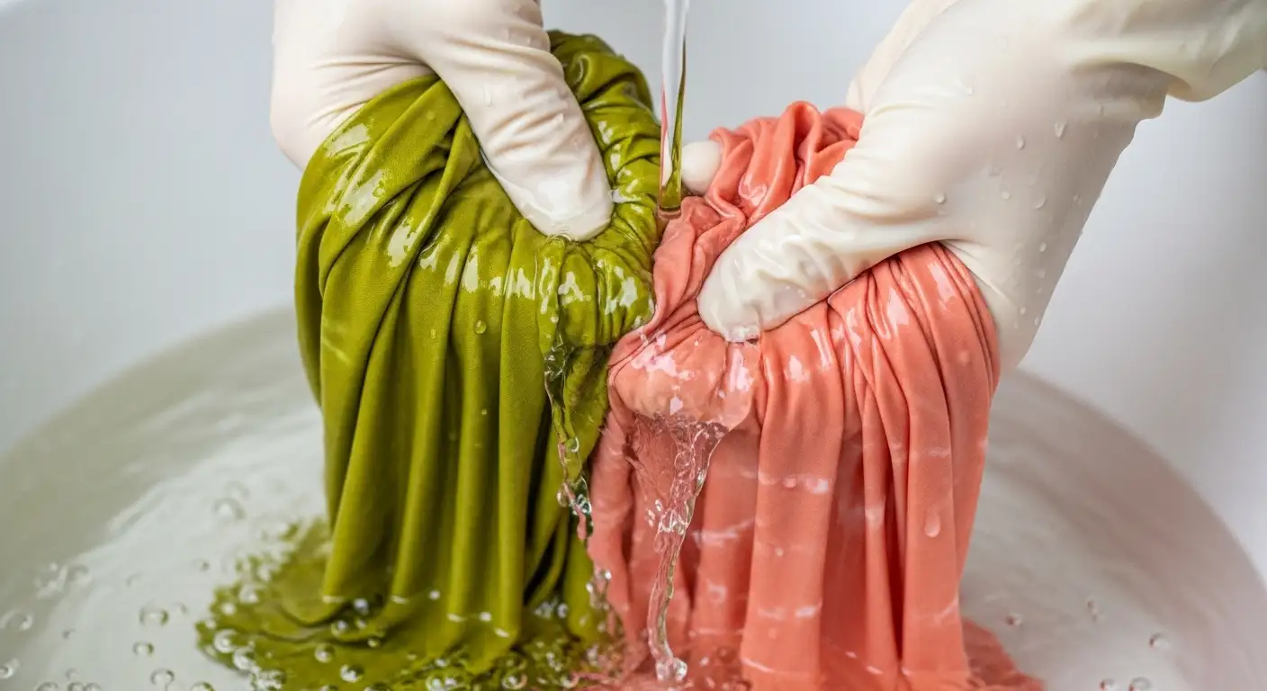 Manos enjuagando una tela recién teñida con tintes naturales de color verde oliva bajo agua corriente para eliminar el exceso de color.