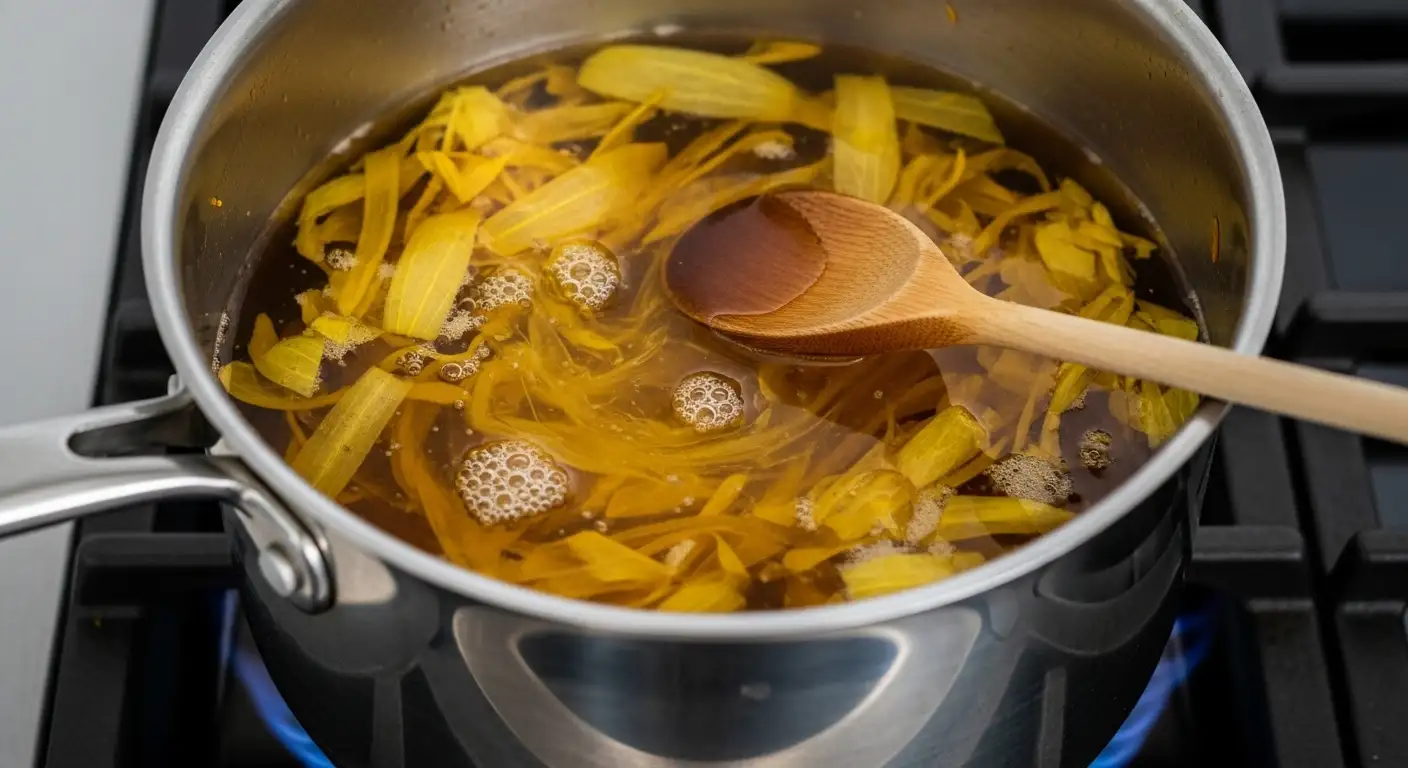 Extracción de color de pieles de cebolla en una olla con agua hirviendo, creando un baño de tinte natural amarillo.