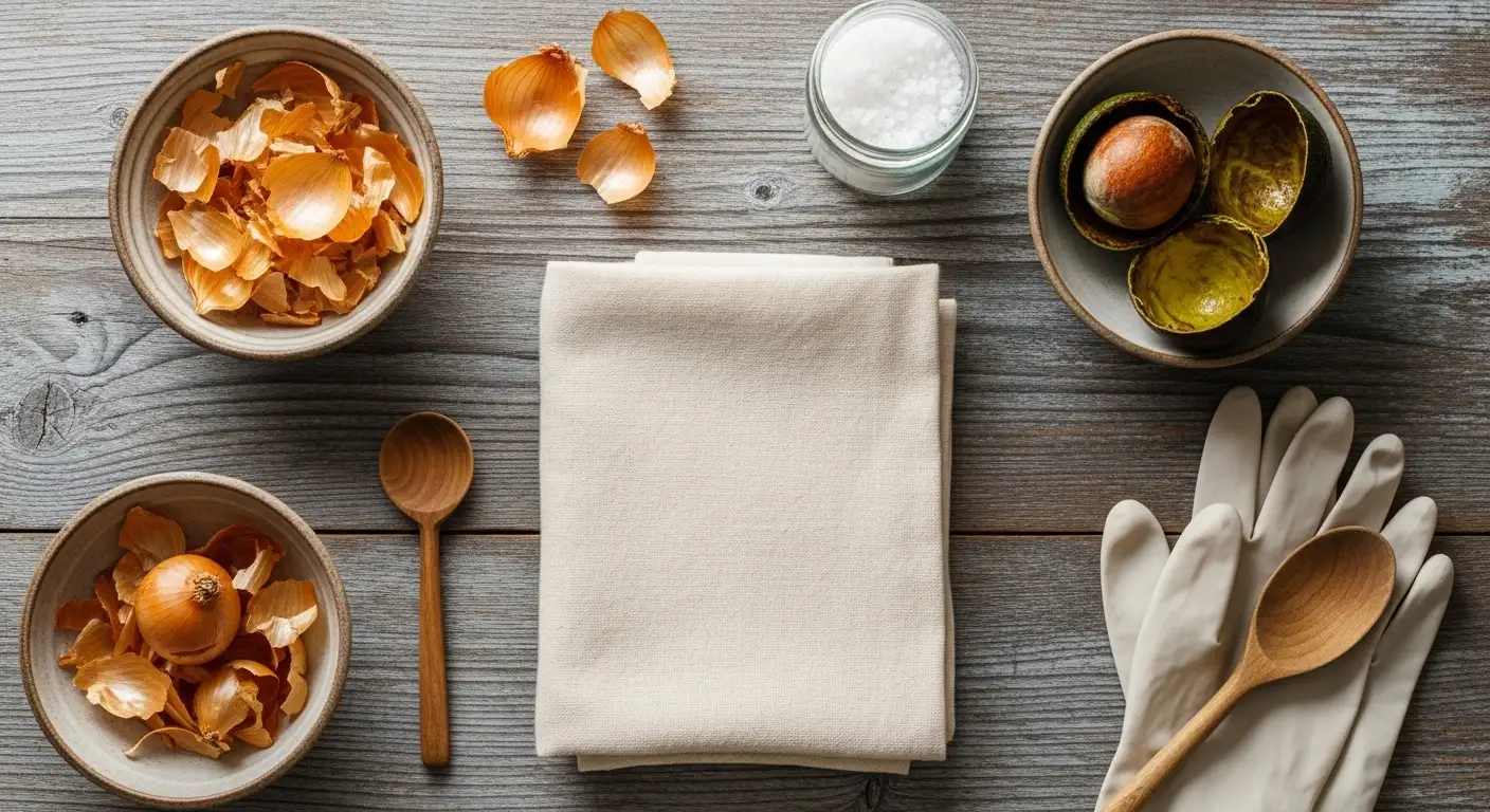 Materiales reunidos para teñir telas en casa con tintes naturales: tela, pieles de cebolla, aguacate y alumbre.