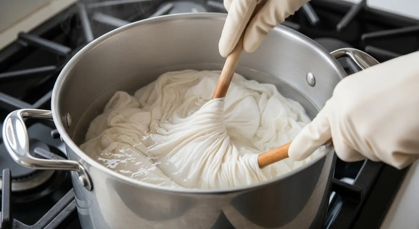 Proceso de mordentado de tela de algodón en una olla con alumbre, paso crucial en cómo teñir telas con tintes naturales.