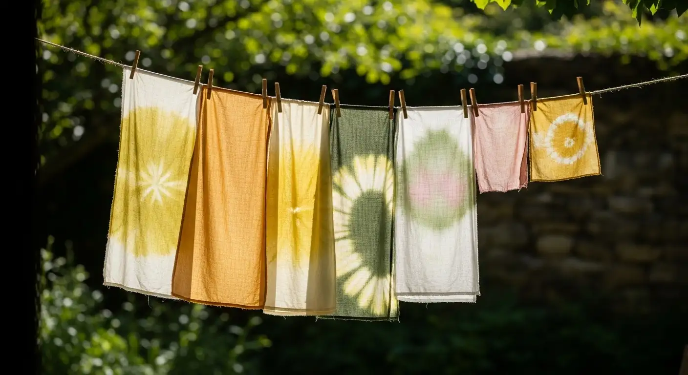 Telas teñidas con tintes naturales en tonos ocres y rosas palo colgadas al aire libre para secar a la sombra, mostrando los colores finales.