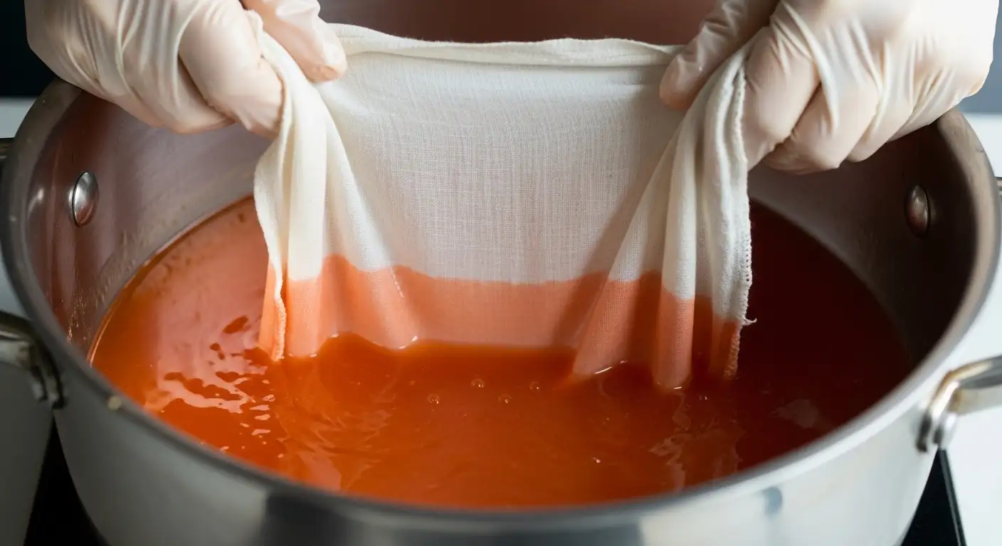 Tela de lino blanco siendo sumergida en un baño de tinte natural color naranja calabaza, mostrando el proceso de teñido artesanal.