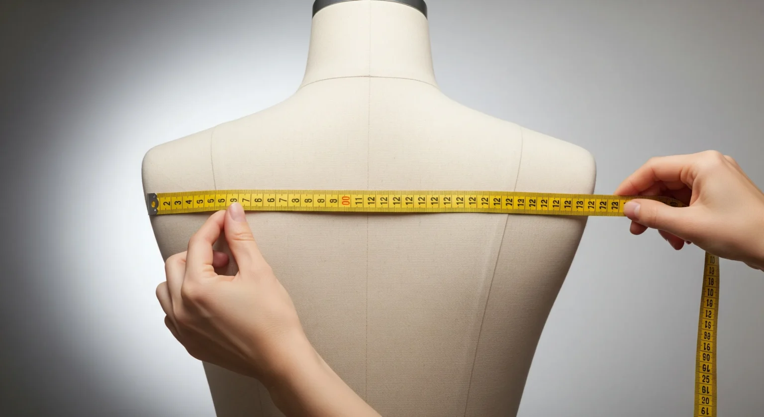Medición del ancho de espalda con cinta métrica en la parte superior del torso de un maniquí.