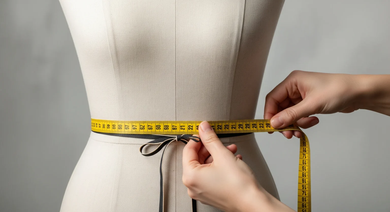 Manos tomando la medida del contorno de cintura con una cinta métrica sobre un maniquí, de forma horizontal y precisa.