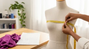 Manos profesionales tomando la medida del contorno de cintura con cinta métrica sobre un maniquí, para patronaje exacto.