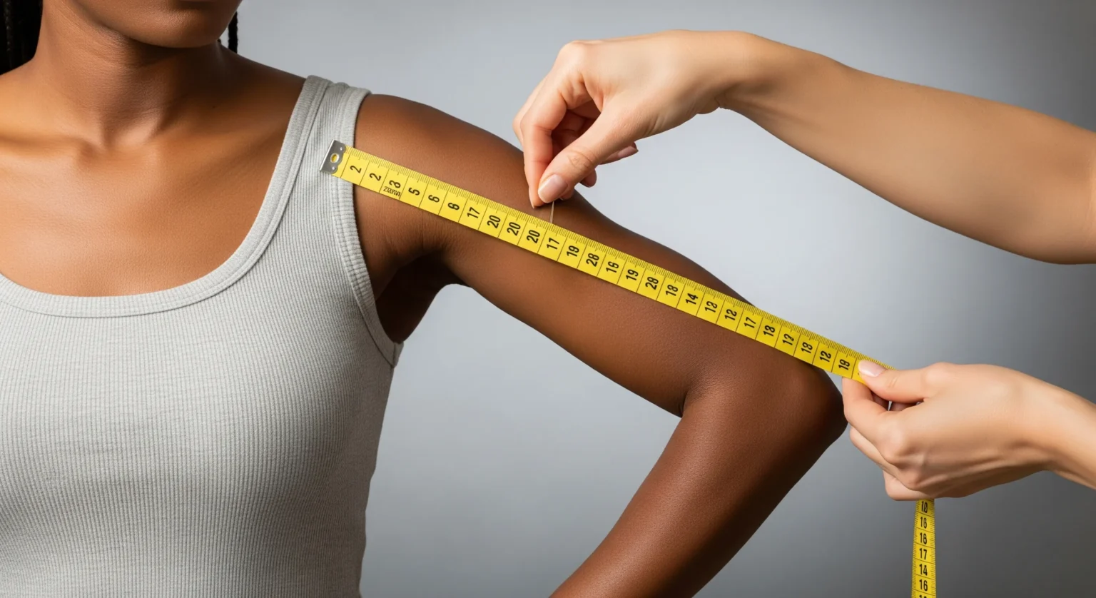 Medición precisa del largo de manga con cinta métrica, mostrando el brazo flexionado y el recorrido correcto de la cinta sobre el codo hasta la muñeca.