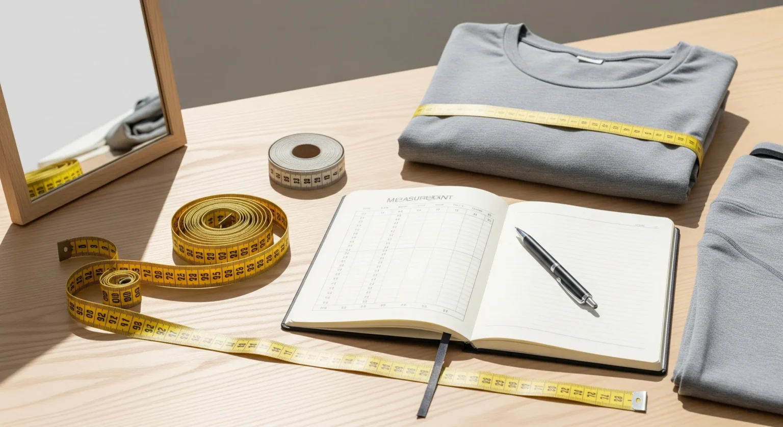 Herramientas esenciales para tomar medidas del cuerpo: cinta métrica flexible, cuaderno, lápiz y cinta para marcar la cintura.