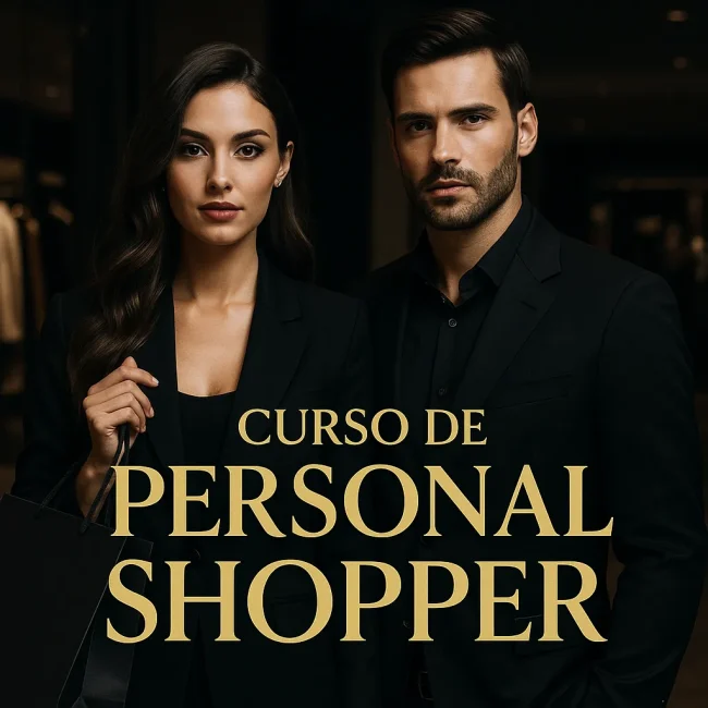 Imagen destacada cuadrada del Curso de Personal Shopper con modelos elegantes y tipografía dorada en estilo premium oscuro.