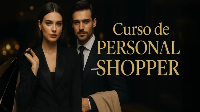 Miniatura premium oscura del Curso de Personal Shopper con modelos elegantes y tipografía dorada.