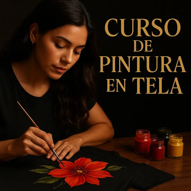 Artista latina pintando flor roja sobre camiseta negra, con el texto “Curso de Pintura en Tela” en tipografía dorada premium, fondo oscuro elegante.