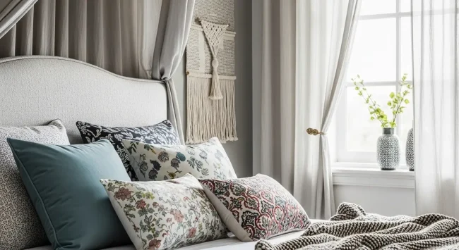 Habitación elegantemente decorada con diversos elementos textiles como cojines, cortinas y cabecero tapizado, mostrando ideas para decorar con telas.