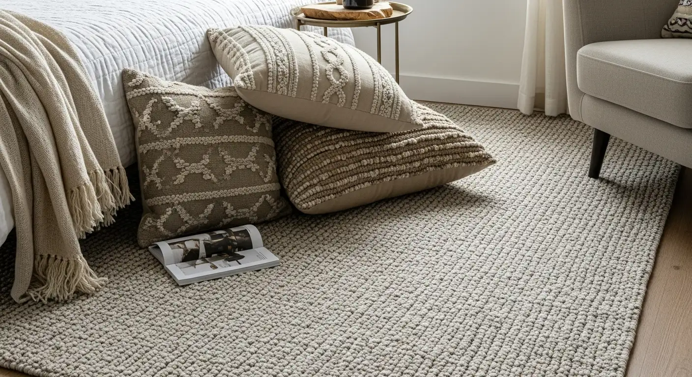 Habitación con una alfombra de área texturizada y colorida que complementa los cojines y la ropa de cama, mostrando cómo decorar con elementos textiles.