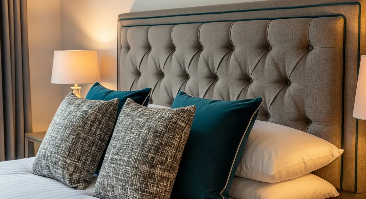 Cama con un elegante cabecero tapizado en tela texturizada y cojines decorativos, idea para decorar habitación con telas.