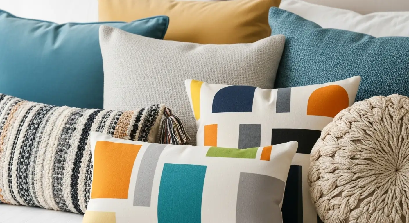 Cama o sofá con una cuidada selección de cojines decorativos en diferentes telas, texturas y colores, una idea clave para decorar habitación con telas.