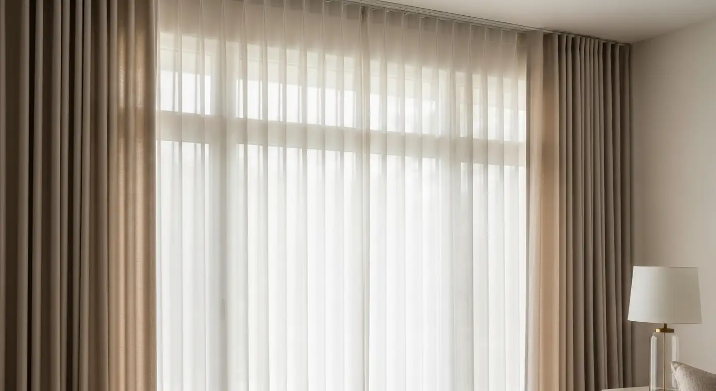 Ventana de habitación con elegantes cortinas de tela que caen hasta el suelo y visillos ligeros, mostrando cómo decorar con telas.