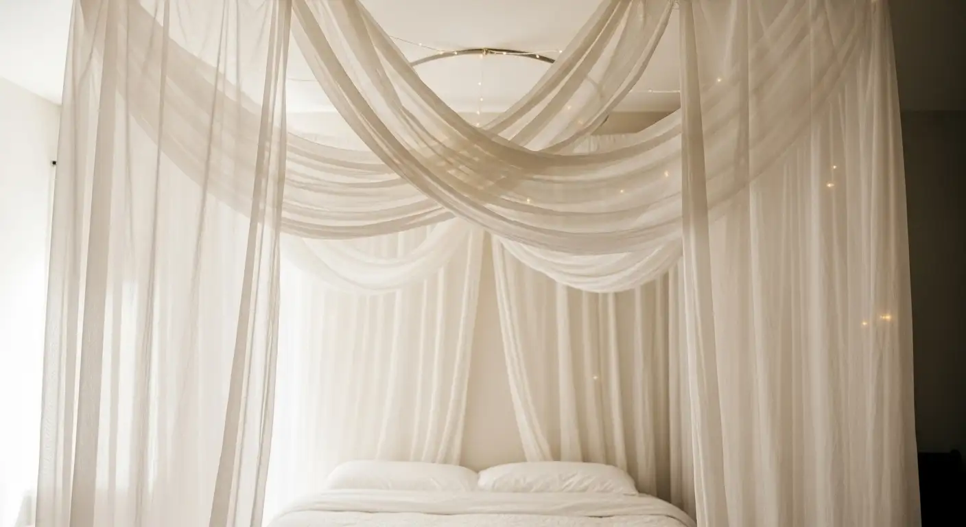 Cama con un dosel etéreo hecho con tela de voile blanca, creando un ambiente romántico y de ensueño, idea para decorar habitación con telas.