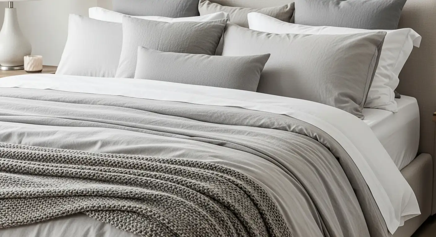 Cama elegantemente vestida con múltiples capas de ropa de cama en diferentes telas y texturas, como lino y algodón, una forma de decorar con telas.