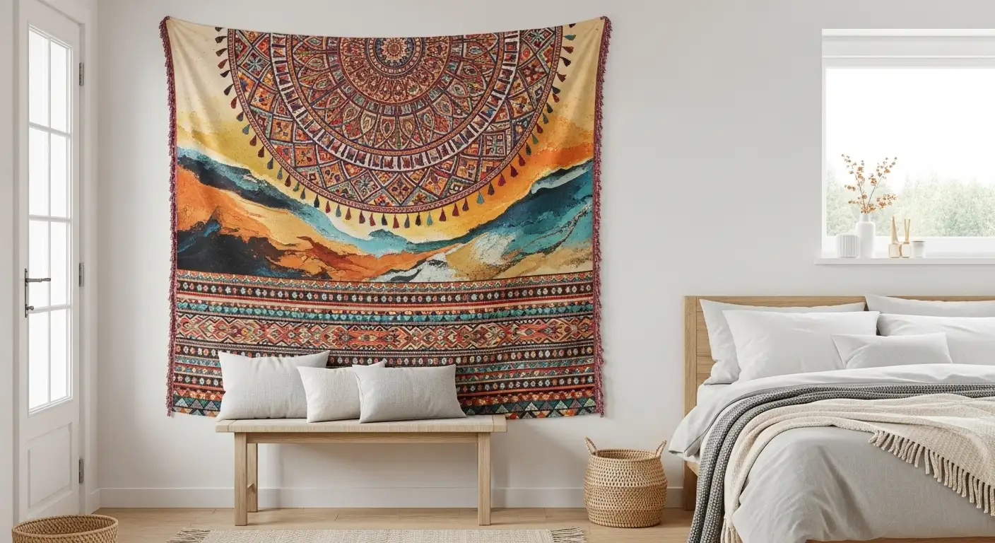 Pared de habitación decorada con un gran tapiz de tela con un diseño bohemio y texturizado, una idea original para decorar con telas.
